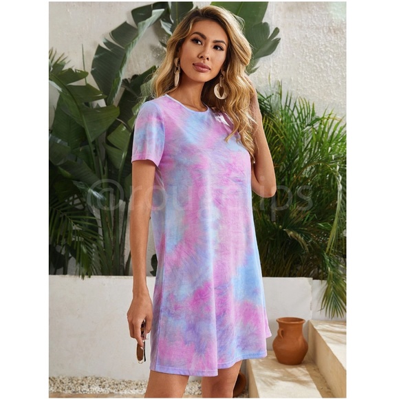 Tie Dye Print Mini Tee Shirt Dress Short Sleeve Pink Blue A-Line - Picture 3 of 7